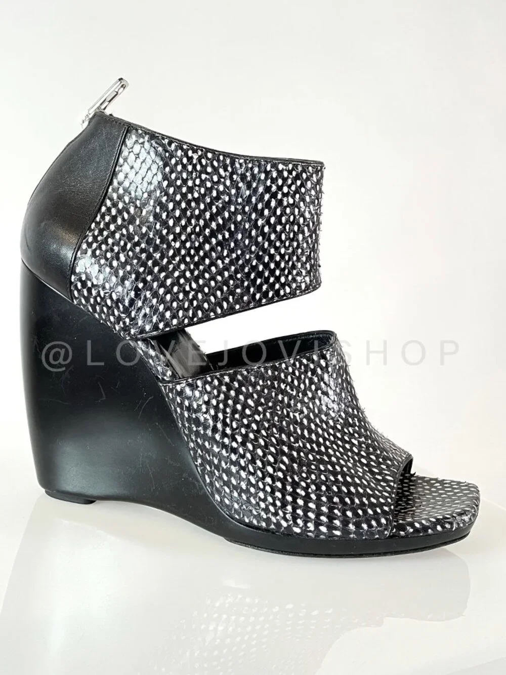Runway | Balenciaga Snakeskin Black White Peep Toe Wedge Sandal Heel | Luxury 10